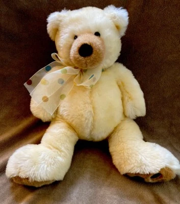 TY Yellow Classic Teddy Bear Stuffed Plush Animal 13” TAPIOCA Polka Dot Bow - Image 1 of 4