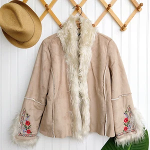 VTG Penny Lane Jacket Size L Y2K 90s Does 70s Faux Fur Embroidered Daisy Jones - Picture 1 of 12
