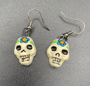 Halloween Skull Earrings Goth Handmade Painted USA Dangle Hook Signed 2009 - Picture 1 of 6