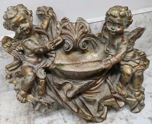 Vintage viktorianischer heraldischer Cherub Engel Weihwasserbrunnen Wand Tasche Grünspan Stil - Bild 1 von 8