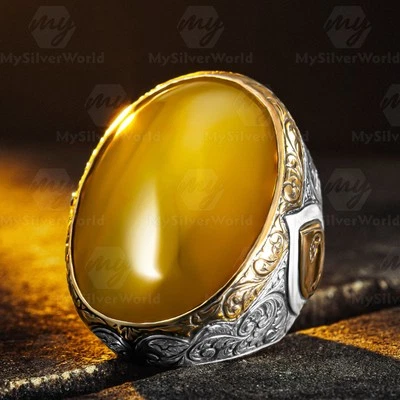 925 Sterling Silver Yellow Agate Stone Turkish Handmade Huge Men's Ring - Image 1 of 4