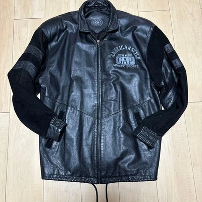 GAP Vintage 90s Leather Suede Stadium Jacket Drawstring Embroidered M - Image 1 of 4