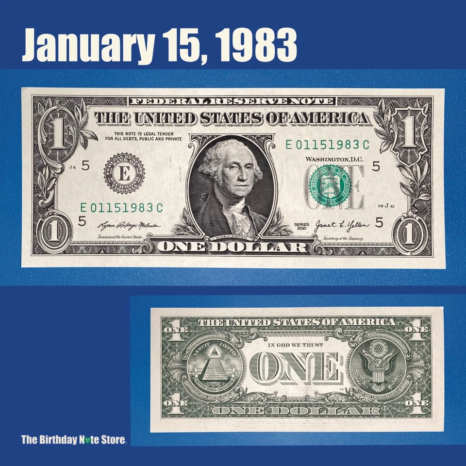 January 15, 1983 Birthday Anniversary $1 One Dollar Bill Serial Number 01151983 - Image 1 of 2