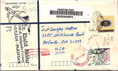 PAKISTAN 2007 POSTAL REGISTERED AIRMAIL COVER MULT FRANKING ADDR USA CANC MULTAN - Image 1 of 2