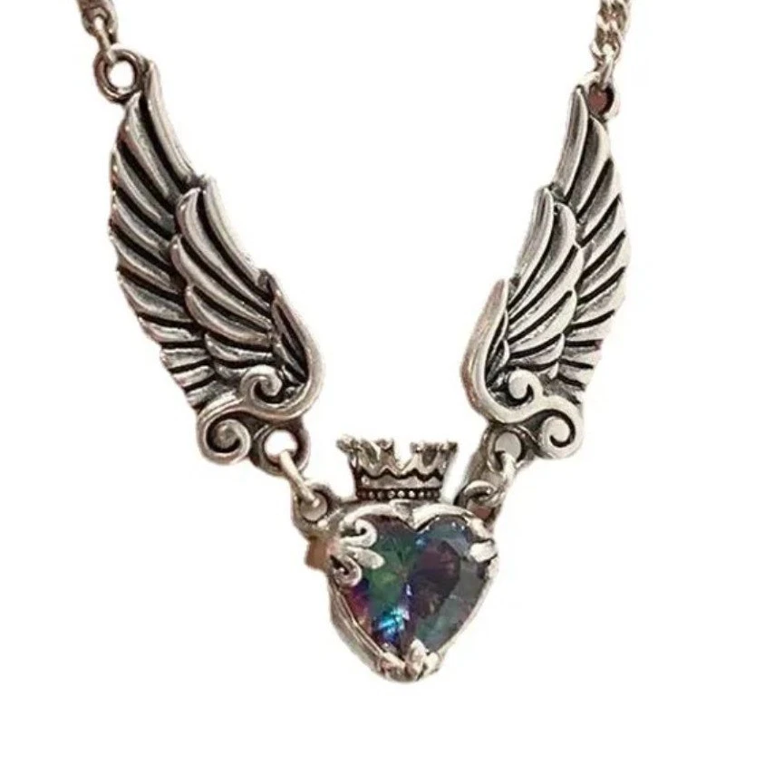 Collar Corona Corazón con Alas Vidrio Topacio Místico Tono Plata Foto 1 de 1