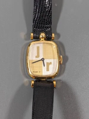Pedre Womens 17 Jewel Gold Tone Rectangle Dial Black Lizard Leather Watch - Image 1 of 4