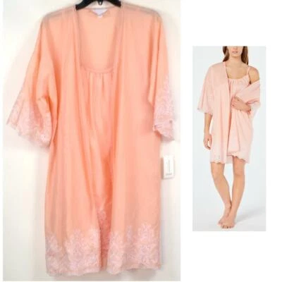 Charter Club Embroidered Cotton Chemise Nightgown & Robe Set Coral Opt Size New - Image 1 of 4