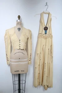 70s Vintage Olson Burray 2 Piece Suede Patchwork Neckholder Top Dress & Jacket Beaded - Bild 1 von 10
