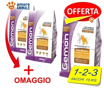 Monge Gemon Medium Puppy e Junior pollo e riso 1 / 2 / 3 sacchi da 15 kg x cane