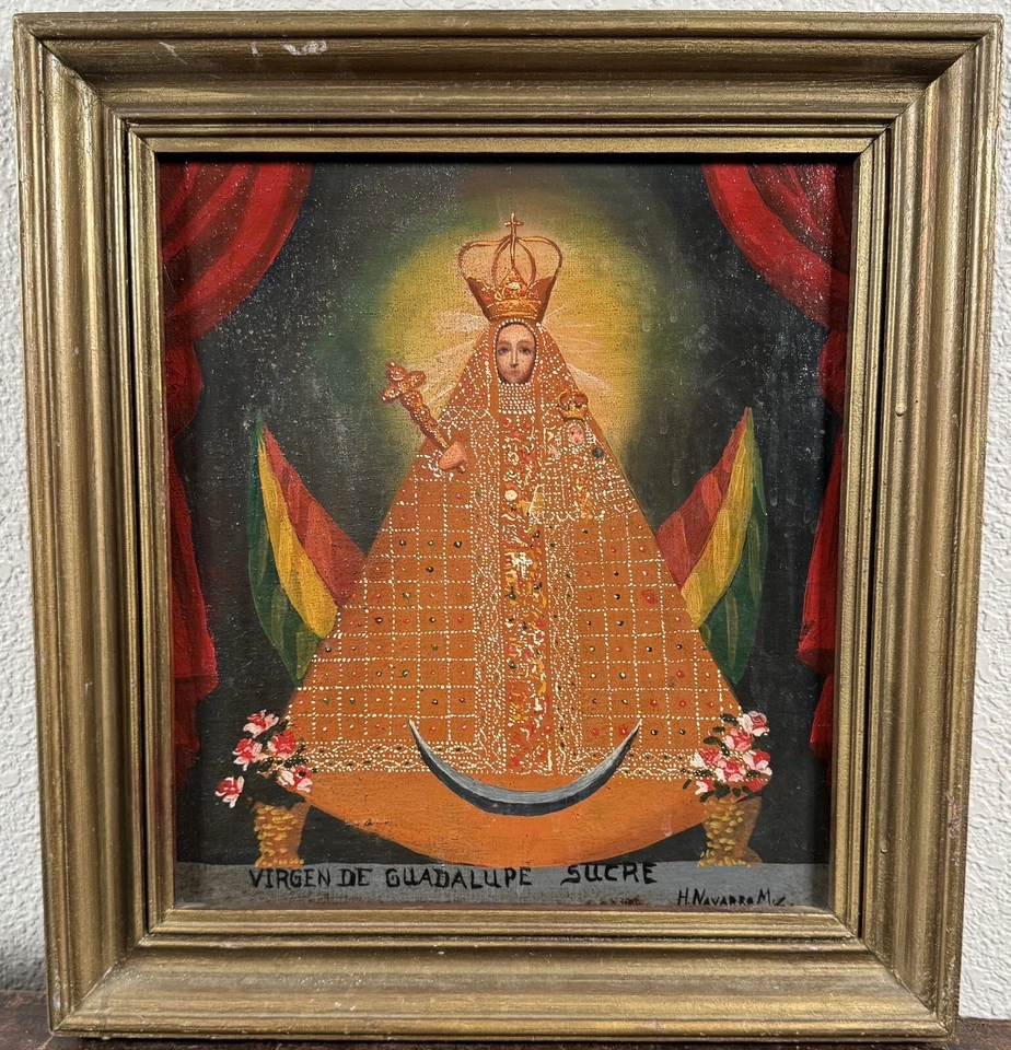 Spanish Colonial Peruvian Oil Painting Virgin Mary Christ Child Retablo Folk Art - Image 1 of 4