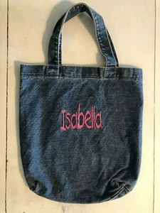 Isabella Pink Monogrammed Embroidered Blue Denim Bag 14" x 13" 100% Cotton - Picture 1 of 11