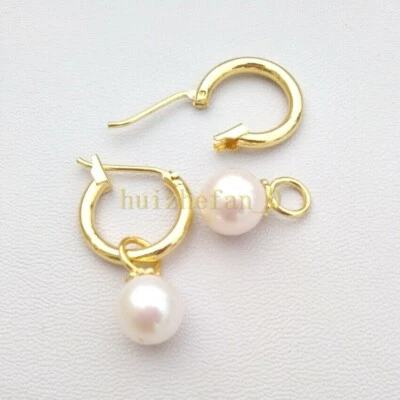 Brincos redondos de pérola AAA branco akoya natural 7-8 mm ouro amarelo 14k alavanca P traseira - Imagem 1 de 4