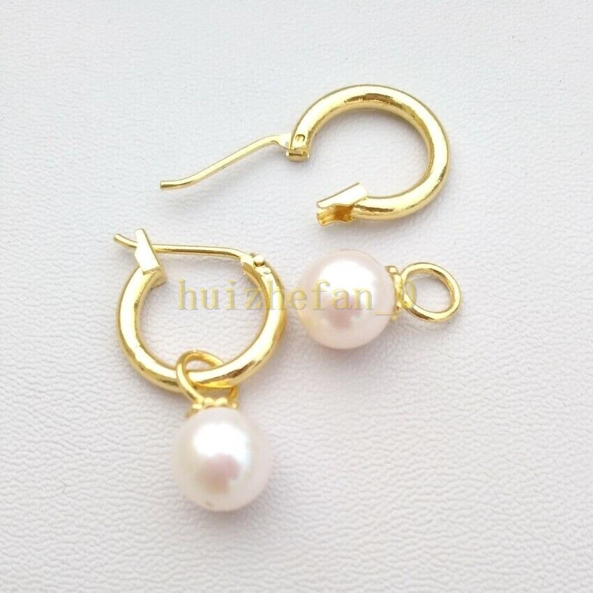 7-8mm natural akoya white AAA round pearl earrings 14k Yellow Gold P Lever Back - Image 1 of 4