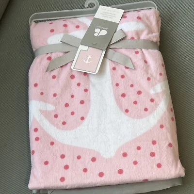 Just Born Baby Girl Blanket Pink Anchor Polka Dots Satin Trim White Sherpa New - Image 1 of 4