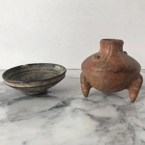 2 pcs ancient MEXICAN POTTERY black ware rust handpainted Colima? Cuicuilco? Wow - Picture 1 of 14