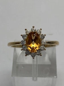 10K Gelbgold ovale Form Citrin und weißer Saphir Heiligenschein Ring Größe 7 NEU - Bild 1 von 16