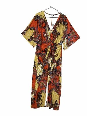 Vestido Venus Maxi Feminino XL Laranja Paisley Torção Frente Boho Dividido no Joelho Decote V - Imagem 1 de 4