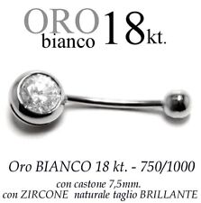 Piercing ombelico belly ORO BIANCO 18kt.CASTONE 7,5 con ZIRCONE taglio BRILLANTE