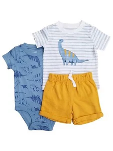 Carters Infant Boys 3Pc Outfit Blue Dinosaur Bodysuit, Shirt & Shorts Set - Picture 1 of 1