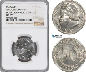 AG790, Germany, 50 Pfennig 1920, Bonn, Notgeld, Ludwig van Beethoven, NGC MS67 - Picture 1 of 1
