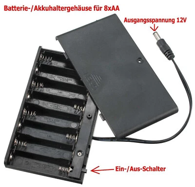 Batteriehalter für 8x AA Batterien o. Akkus 12V mit Ein/Aus-Schalter u. Stecker - Bild 1 von 4