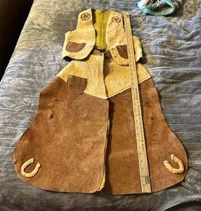 1960s kids WESTERN Cowboy chaps & Wooly Vest 5-6 YEARS suede leather - Picture 1 of 10