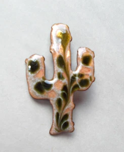  Enamel on Copper CACTUS Pin Brooch Signed INGA-OLIVE GREEN/PEACH COLOR  - Picture 1 of 2