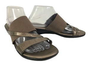 Supersoft Slides Bronze Size 9 C Strappy Leather Elastic Comfort Low Wedge - Picture 1 of 13