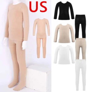 Kids Boys Girls Fleece Lined Thermal Underwear Gymnastics Dance Long John Set - Picture 1 of 29