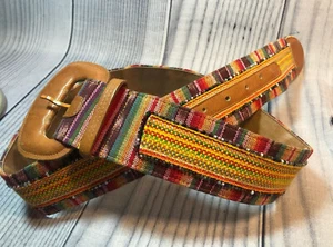 VTG Ginnie Johansen Leather Fabric Bead Embellished Belt Sz M Yellow/Red/Multi - Picture 1 of 10