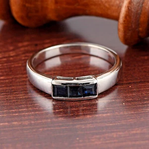 Natural Blue Sapphire Gemstone Half Eternity Band Ring in Sterling silver - Picture 1 of 8