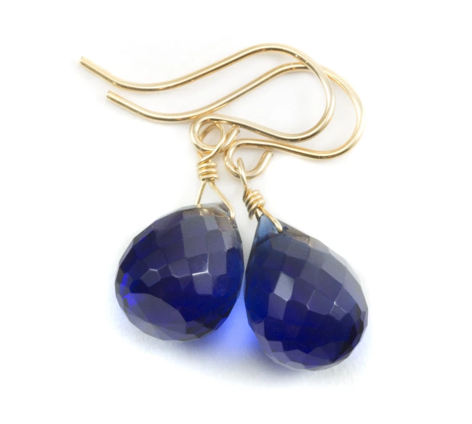 Pendientes Briolettes de zafiro simulado azul oscuro gotas de plata de ley oro de 14 k Foto 1 de 4