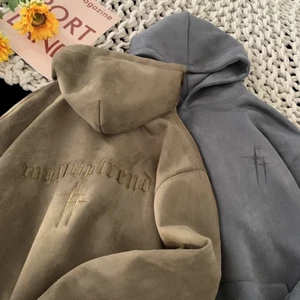 Vintage Suede Hoodie, Embroidered, High-Quality, Hip Hop Unisex Pullover - Picture 1 of 14