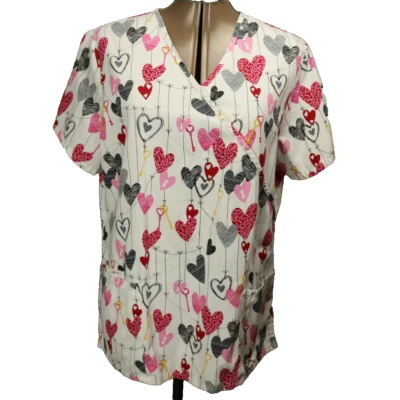 SB Scrubs Hearts & Keys Faux Wrap V-Neck Scrub Top Short Sleeve White & Pink M - Image 1 of 4