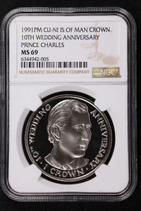 1991 Isle of Man Crown King Charles III 10th Wedding Anniversary CuNi NGC MS 69 - Picture 1 of 2