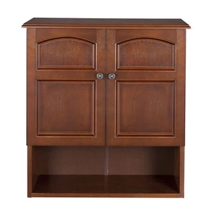 Brown Wooden Medicine Cabinet Organizer Storage Shelf Doors Bathroom Wall Mount - Picture 1 of 8