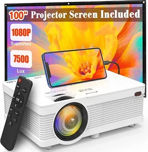 Outdoor Projector, 100" Screen- Full HD 1080P HDMI, USB, AV, TF, VGA, Smartphone - Picture 1 of 8