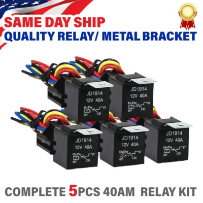 5 Pack 12V 30/40 Amp 5-Pin SPST Automotive Relay with Wires & Harness Socket Set - Image 1 of 4