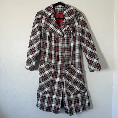 Vintage 60s 70s Red Green White Plaid Trench Coat Retro Mod Tartan Check Small? - Image 1 of 4