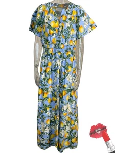 Anthropologie Somersault Dress Women XL Lemon Fruity Print Smocked Waist Boho - Picture 1 of 15