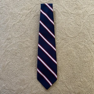 Cravatta Rossall School Lancashire blu navy rossa bianca a righe Repp 4Wx54L classica inglese - Foto 1 di 8