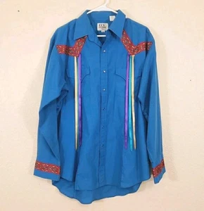 Ely Cattleman Pearl Snap Western Aztec Shirt Men's XL Fringe Tassels Blue  - Picture 1 of 13