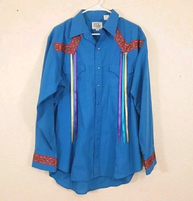 Ely Cattleman 珍珠 Snap 西部阿兹特克衬衫男式 XL 流苏蓝色  — 第 1/4 张图片