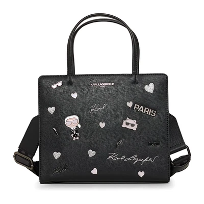 Karl Lagerfeld Maybelle Satchel Crossbody Bag Black Studded Heart Cat Paris NWT - Image 1 of 4