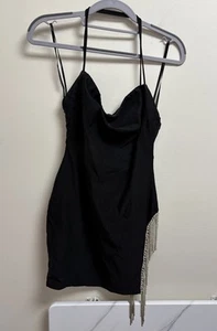 White Fox Black Rhinestone Fringe Mini Dress Size S Square Neck High Slit - Picture 1 of 5