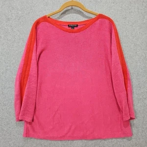 Eileen Fisher Sweater 100% Linen Size Petite M Bright Pink Red Trim 3/4 Sleeve - Picture 1 of 10