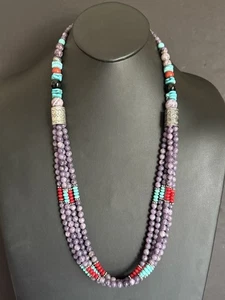 Collar de cuentas de perlas moradas de piedra de varios hilos de plata de ley. 30 pulgadas - Imagen 1 de 12