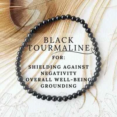 Natural Black Tourmaline 4mm Beaded Crystal Protection Handmade Healing Bracelet - Image 1 of 4