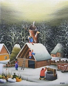 Quadro scena invernale arte popolare serba Dragan Mihailovic vintage firmato - Foto 1 di 16