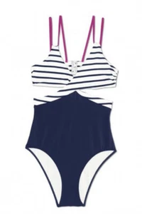 Land's End Cutout Badeanzug High Waist Monokini Gr. 10 Blau Rosa Streifen Neu - Bild 1 von 5